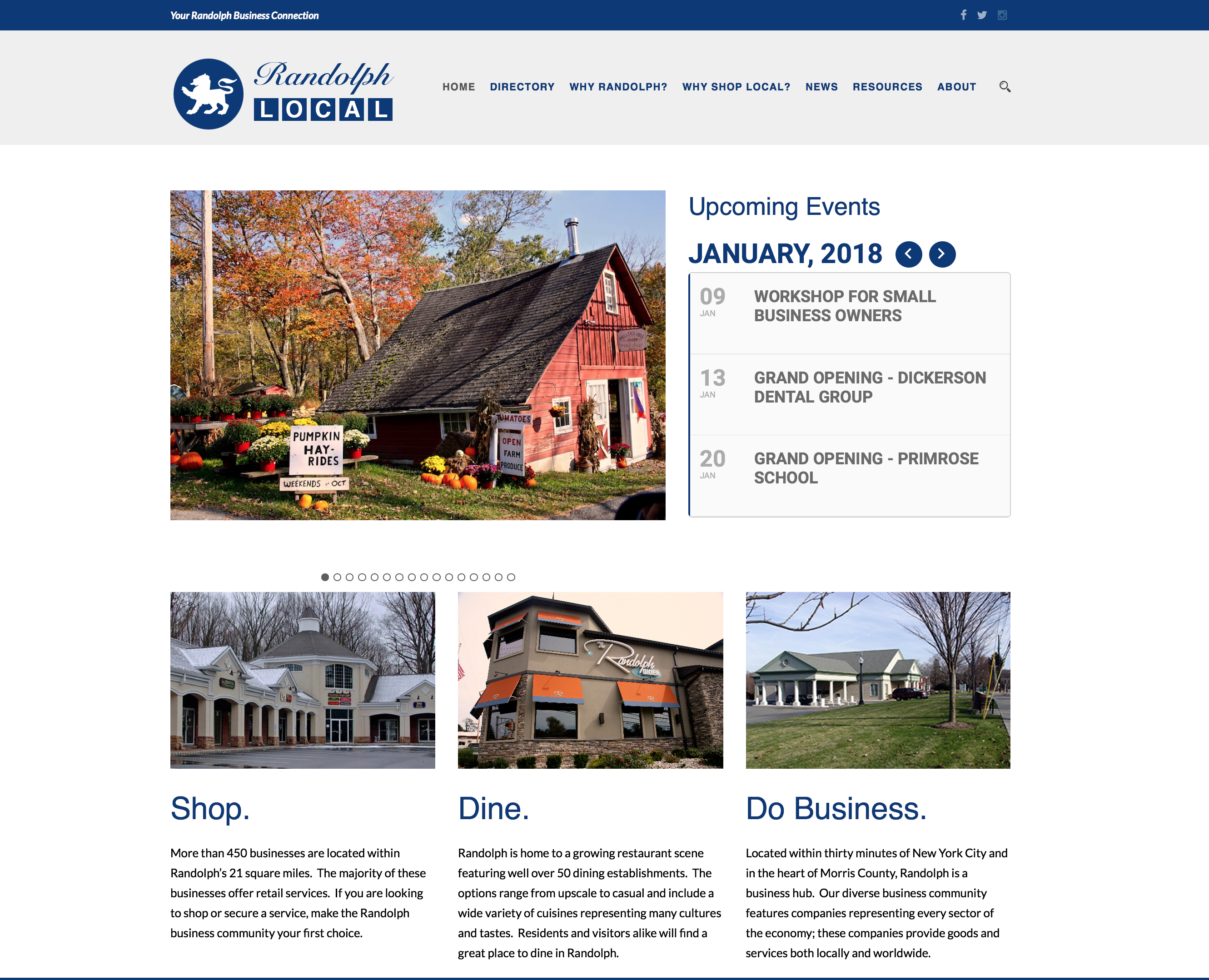 Screenshot of the homepage of Randolph Local