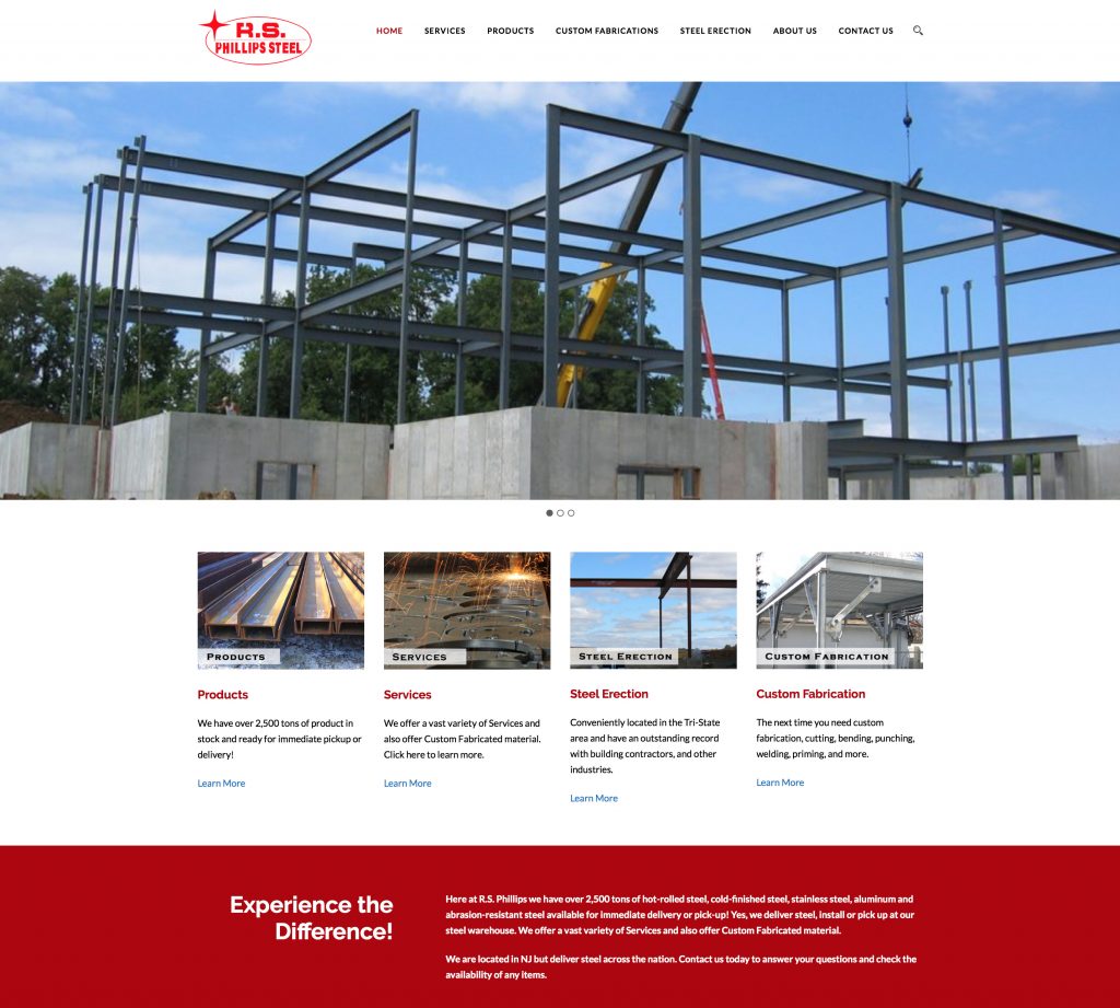 A screenshot depicting the homepage for R.S. Phillips Steel. 