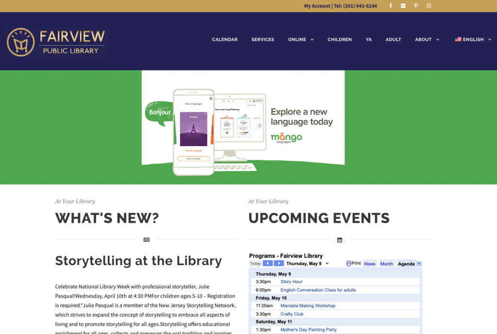 Screenshot depicting the homepage of the Fairview Public Library website.